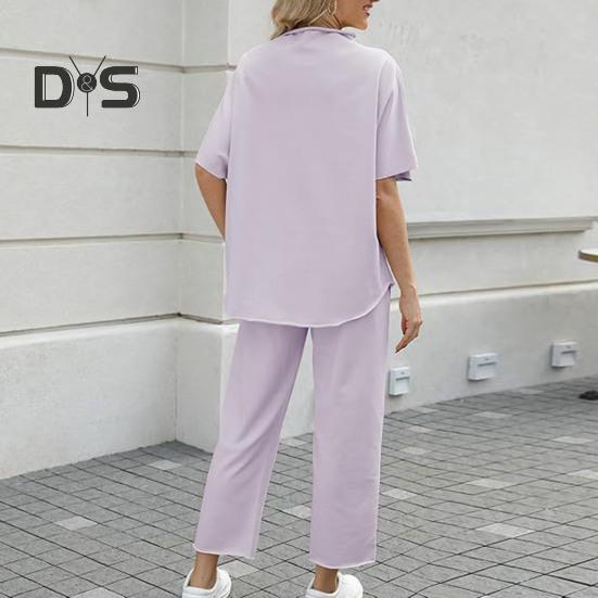 2 ks/sada Dámske Top nohavice Súprava Polovysoký golier Blúzka so širokými nohavicami Elastický pás Nohavice s vreckami Voľný outfit na voľný čas
