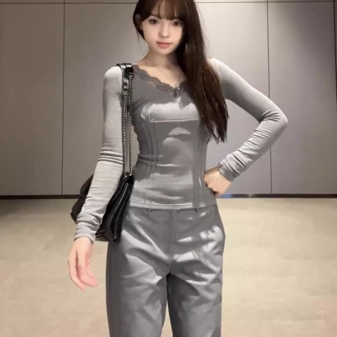 

American Lace V-Neck Long-Sleeve Slim Fit T-Shirt for Women - Spring/Autumn Extra Extra Large серый