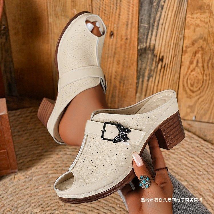 Large-Size Chunky Heel Sandals – Summer New Butterfly Decoration Height-Increasing Peep-Toe One-Band Slide Sandals for Women