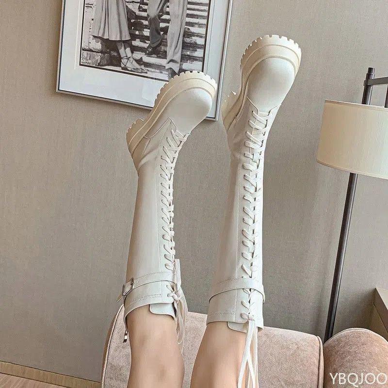 Long tube boots for women in autumn winter new thick soled height  lace up high tube simple comfortable non slip women's boots