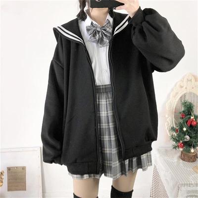 Sudadera con capucha y cremallera negra Kawaii para mujer, sudadera con cuello marinero, ropa de calle japonesa, sudadera suave de gran tamaño a la moda para niña