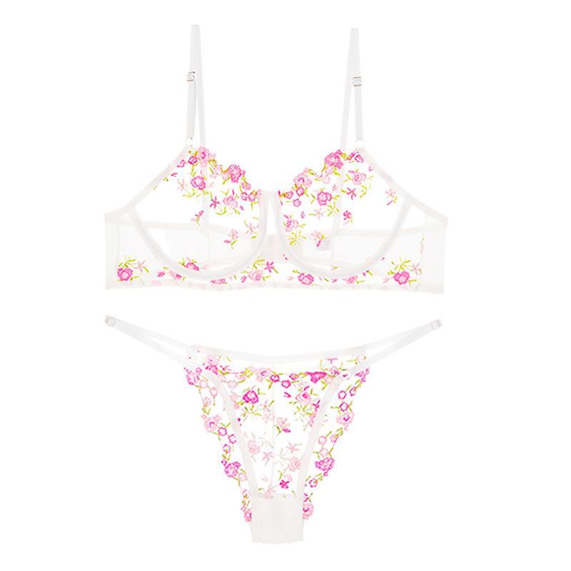 Women Transparent Sexy Lace Bra Set Underwired Bras Thin Female Pure Desire Underwear Floral Thong Sexy Lingerie Set