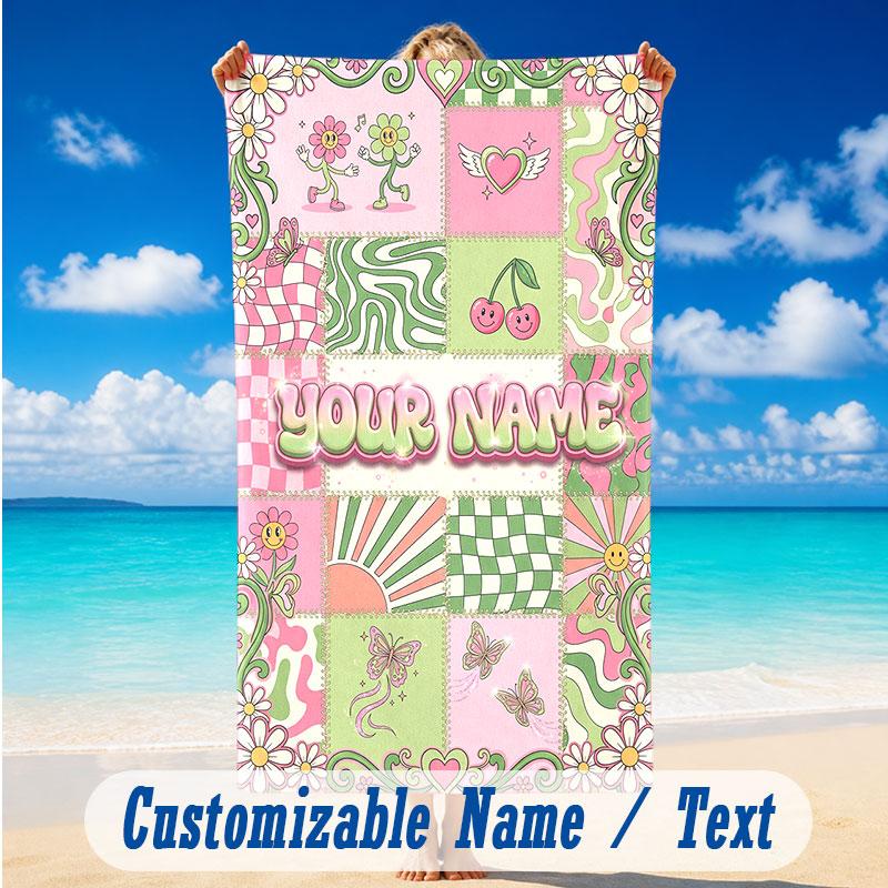Floral Garden Theme Beach Towel Personalized Custom Name & Text Soft Quick Dry Beach Towel for Swimming Travel