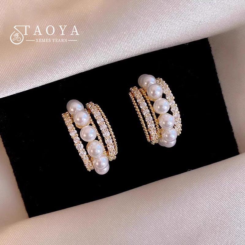 Exquisite French-style Pearl-accented Zircon C-shaped Gold Color Earrings 2026 New Design Jewelry Luxurious Accessory for Women