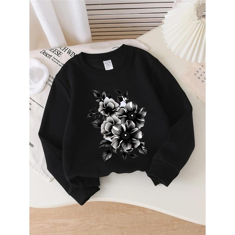 European Sizes Kids' Round-Neck Hoodie | Black and White Floral Pattern, , Sportswear and Casual Wear, Soft and Comfortable, Playful Design