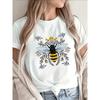 Schwarzes Kurzarm-T-Shirt mit Bienen- & Blumendruck - Leichtes, strapazierfähiges Polyester-Oberteil mit Rundhalsausschnitt, Ganzjahres-Freizeitkleidung für Zuhause,