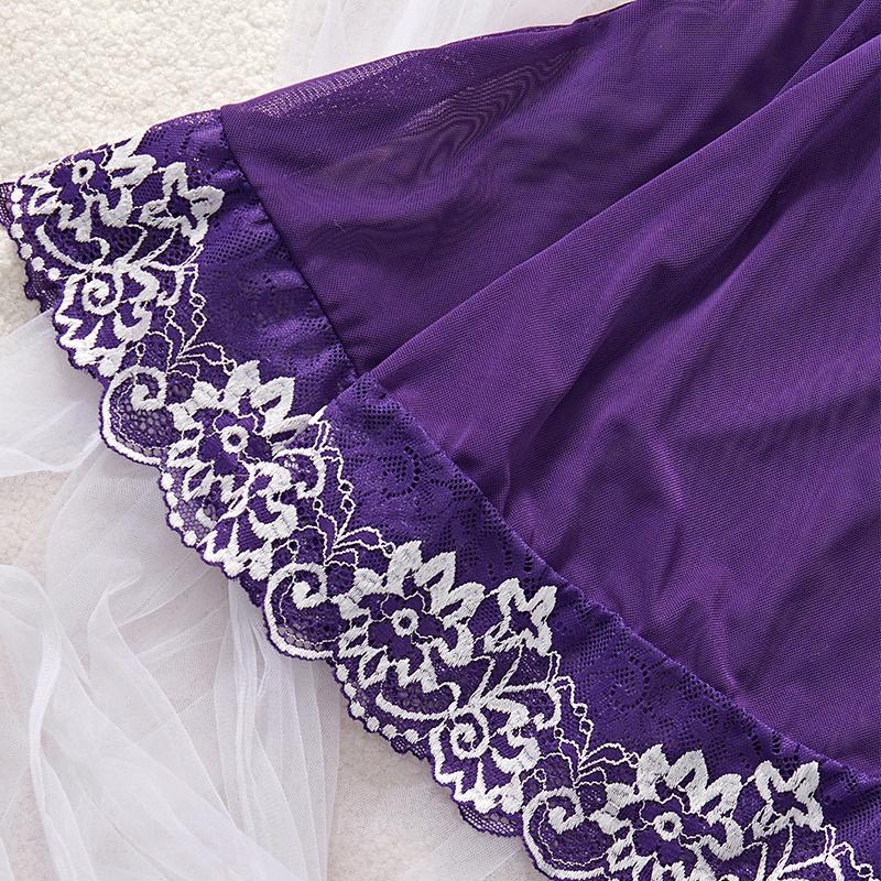 New Sexy Women's Purple Lace Nightgown Set See Through Suspender Deep V Pajamas Dress Erotic Babydolls Sexy Honeymoon Lingerie