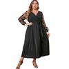 Women Gown Dress V-neck Embroidered Lace Mesh Long Sleeves Midi Dress High Waist Wrap Dress with Belt
