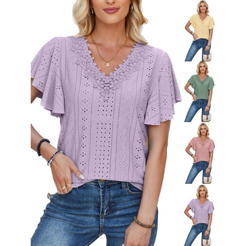 Lace V-neck T-shirt with Lotus Leaf Sleeves Lace V-neck Ruffle T-shirt