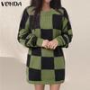 VONDA Autumn Women Round Neck Long Sleeve Plaid Pullover Long Sweaters