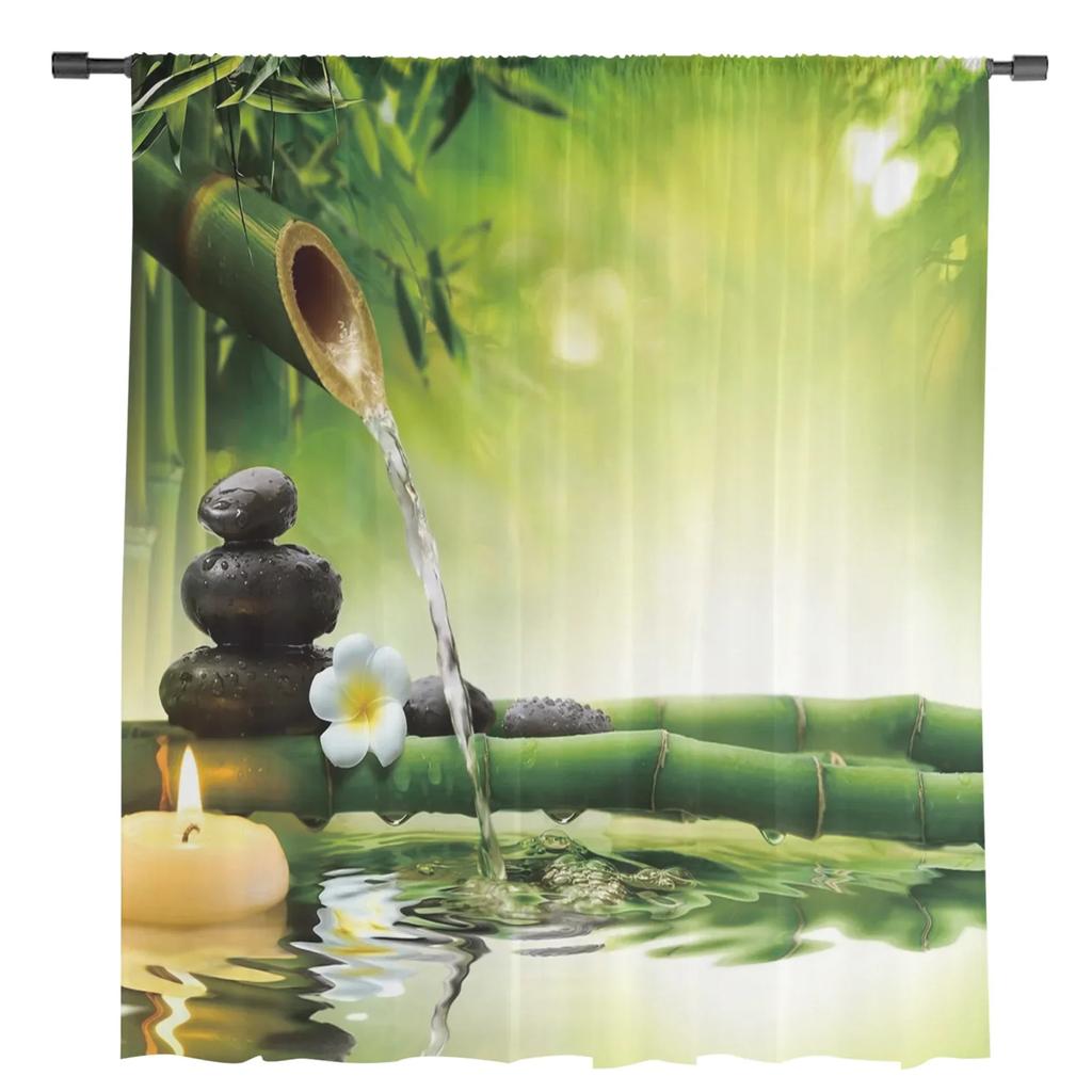 Zen Stein Grüner Bambuswald Wasser Chiffon Transparente Vorhänge für Wohnzimmer Schlafzimmer Dekoration Fenster Voiles Tüll Vorhang Drapierungen