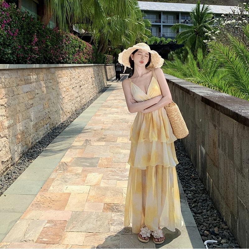 Slim-fit Suspender Dress Female Summer Seaside Vacation Beach Dress Sunset Fairy Cake Skirt Feeling