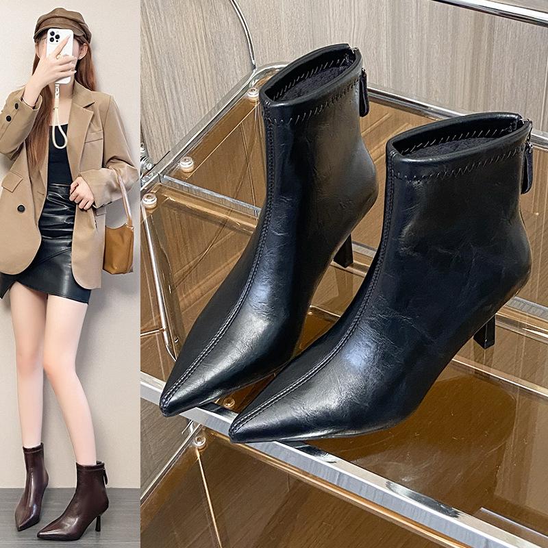 Pointed short boots women's autumn and winter new boots fleece short boots niche thin women's boots stiletto high heels