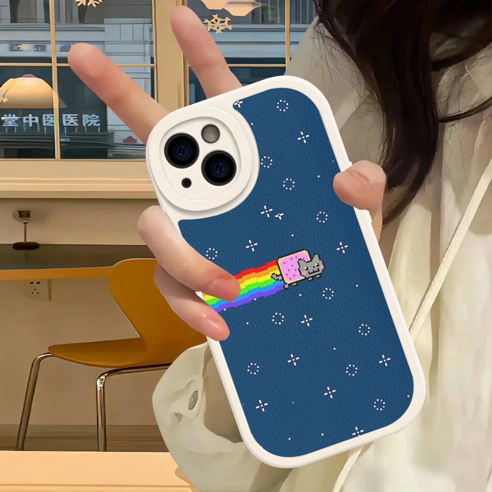 Cute N-Nyan Cat For IPhone 16 15 14 16E 13 12 11 Pro Max Plus Phone Leather Case