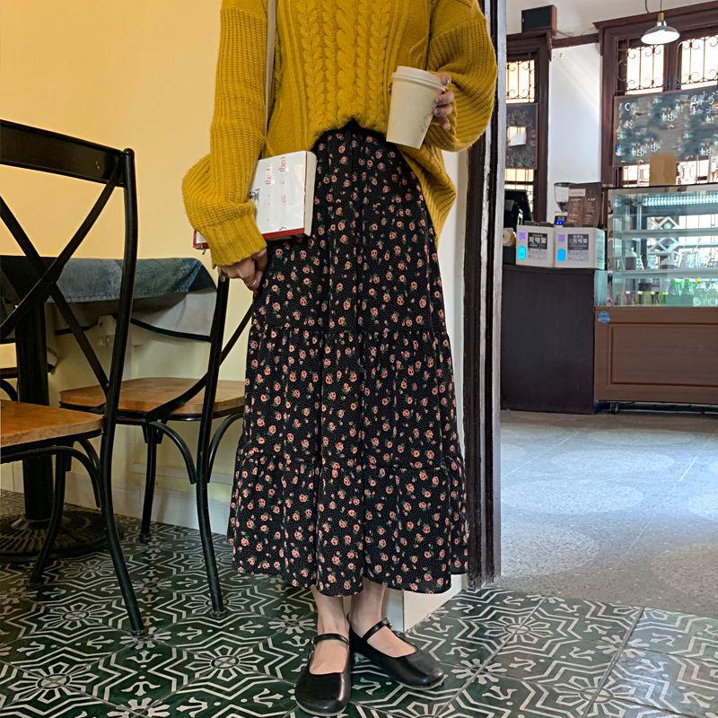 

Женская шифоновая юбка с цветочным принтом, летняя трапециевидная юбка средней длины с высокой талией и драпировкой, платье феи XXL чёрный