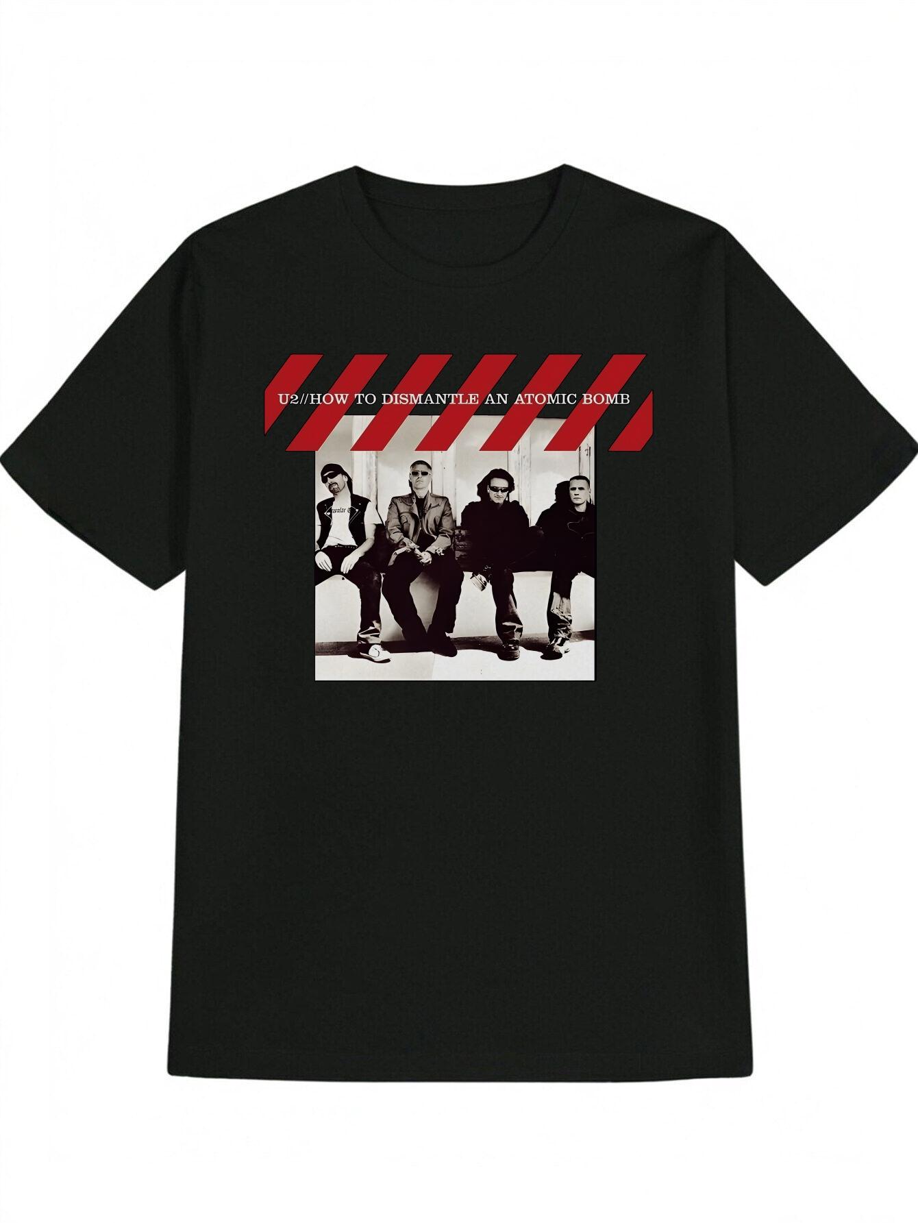 Casual Graphic T-shirt - Black Band Print with Red Accents XXL