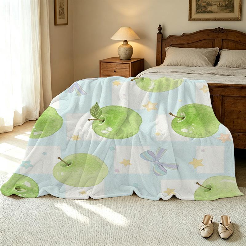 Lightweight Flannel Throw Blanket, Fresh Green Apple Design, Soft & Warm Cozy Cover for Home, Halloween & Christmas Use.