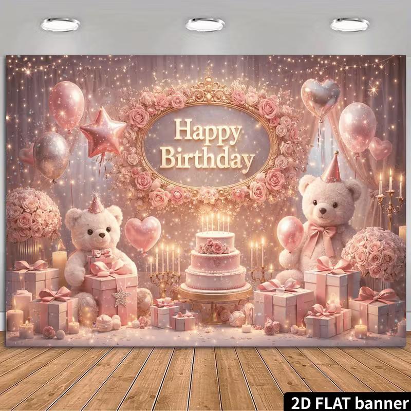 2D Elegant Pink Gold Teddy Bear Happy Birthday Photography Background Banner
