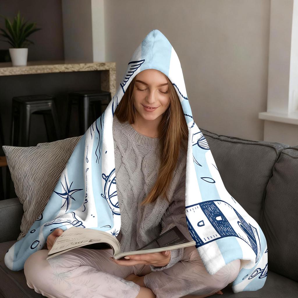 1pc Sailing Ship Anchor Printed Flannel Hoodie Wearable Cloak Blanket Soft Warm Multi Size Casual Blanket Machine Washable