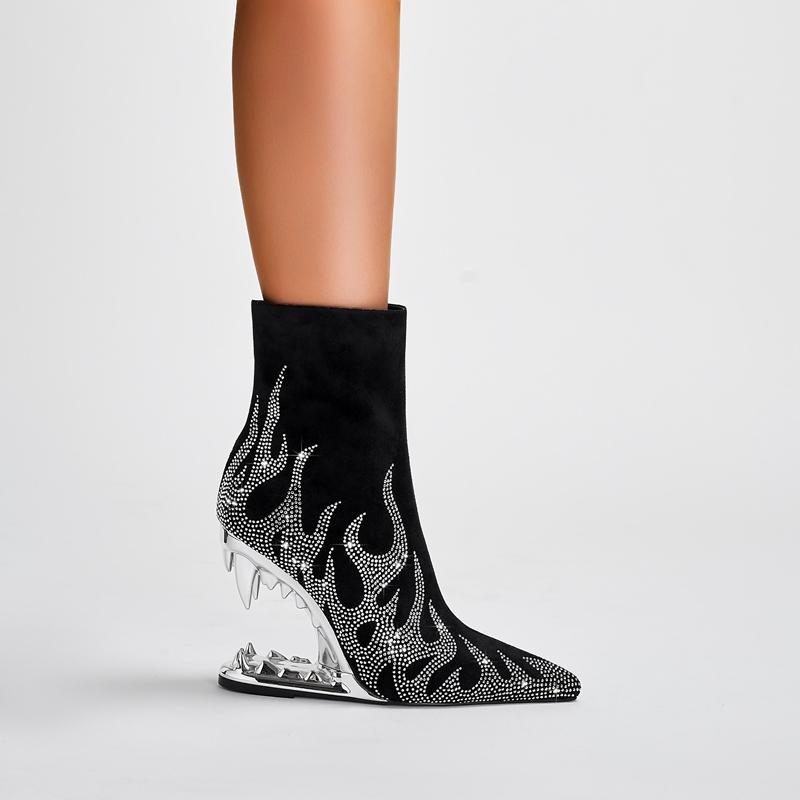 Fashion Kaky's New Water Diamond Flame Pointed Super High Heel Shaped Heel Wolf Teeth Tiger Teeth Women's Short Boots and Women's Boots