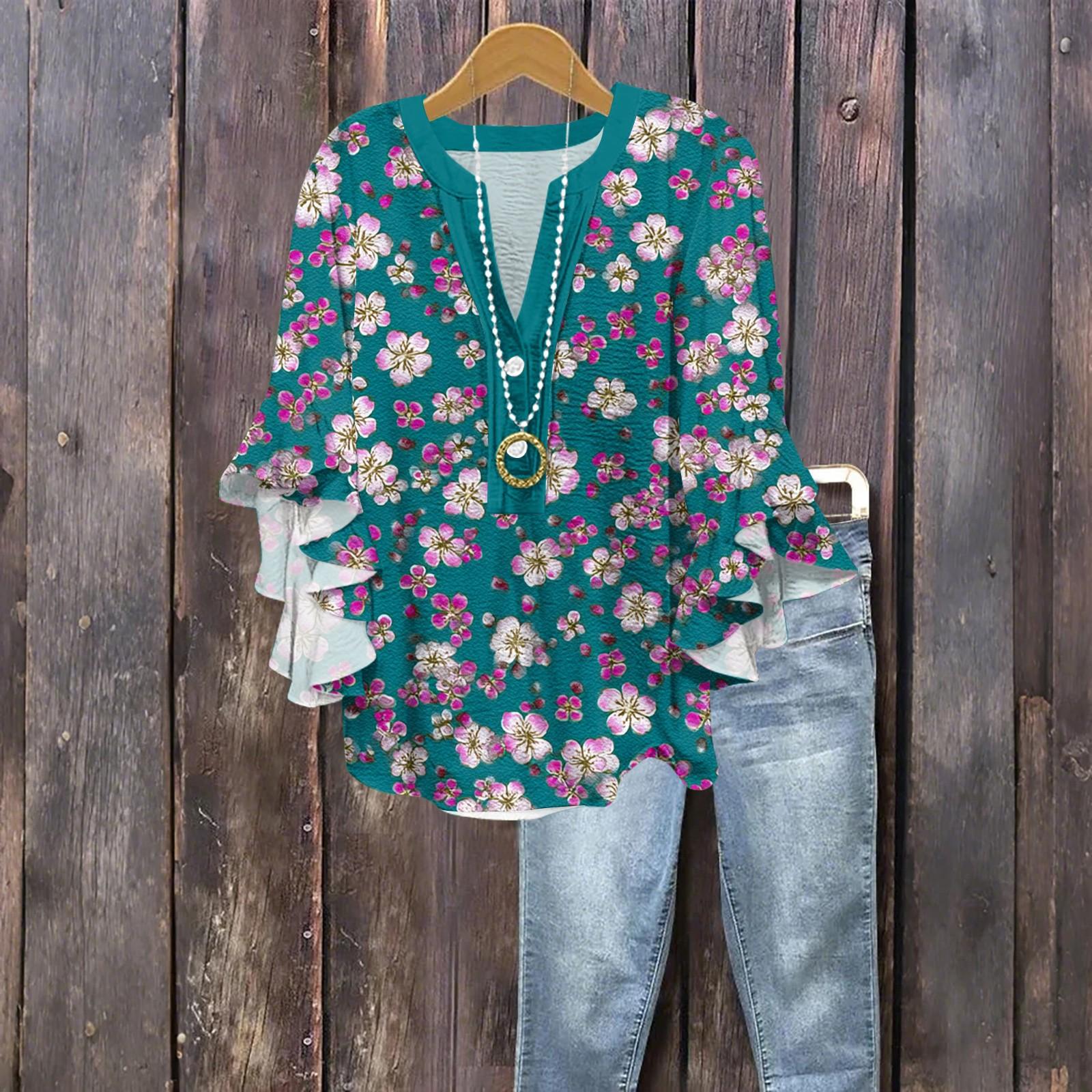 

Женская модная блузка на пуговицах с V-образным вырезом, с оборками и рукавами семь восьмых, топ с цветочным принтом XXL синий