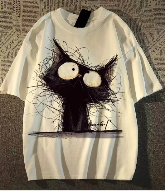 Pure Cotton Japanese Retro Style Cat Print ShortSleeved TShirt 2026 New Design American Style Versatile Couples Top S