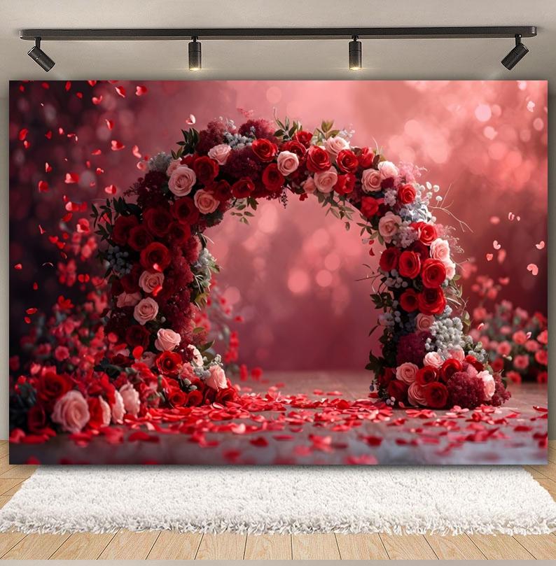 February 14 Valentine's Day Photography Backdrop Red Rose Arched Heart Flowers Romantic Wedding Bridal Shower Photo Background