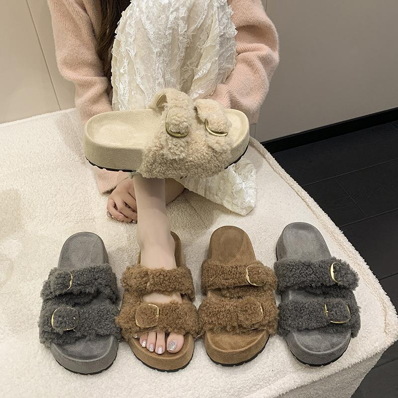 Internet celebrity thick bottom one-word button fluffy slippers women's wear 2025 autumn and winter new velvet warm non-slip Birkenstock cotton mop