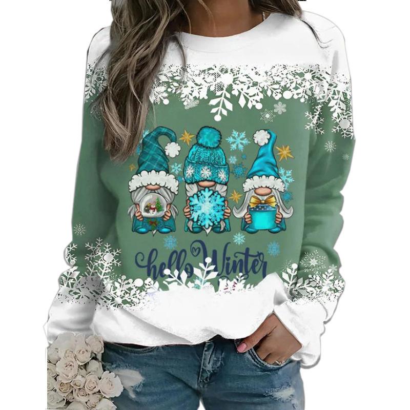 New Christmas 3D snowman print women's loose round neck long sleeved T-shirt