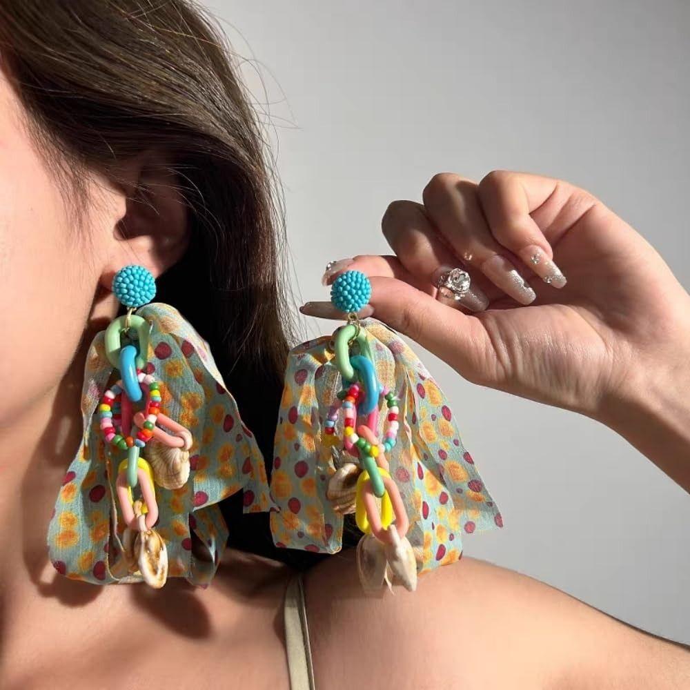 Cloth Fabric Flower Tassel Earrings Ear Jewelry Shell Earrings Fashion Tassel Earrings  Party