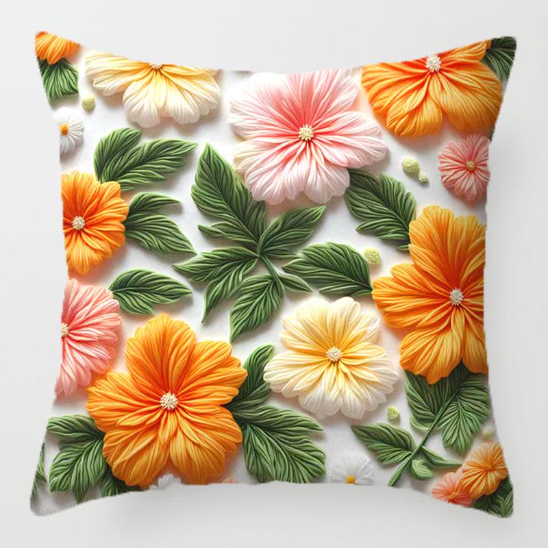 3D Floral Embroidery Throw Pillow Cover - Sofa Cushion, Digital Print Pillowcase