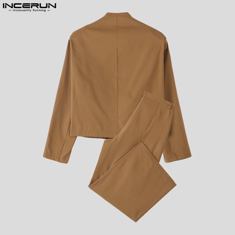 INCERUN Men Outfits Long Sleeve Cropped Tops and Long Pants Casual Party Sets