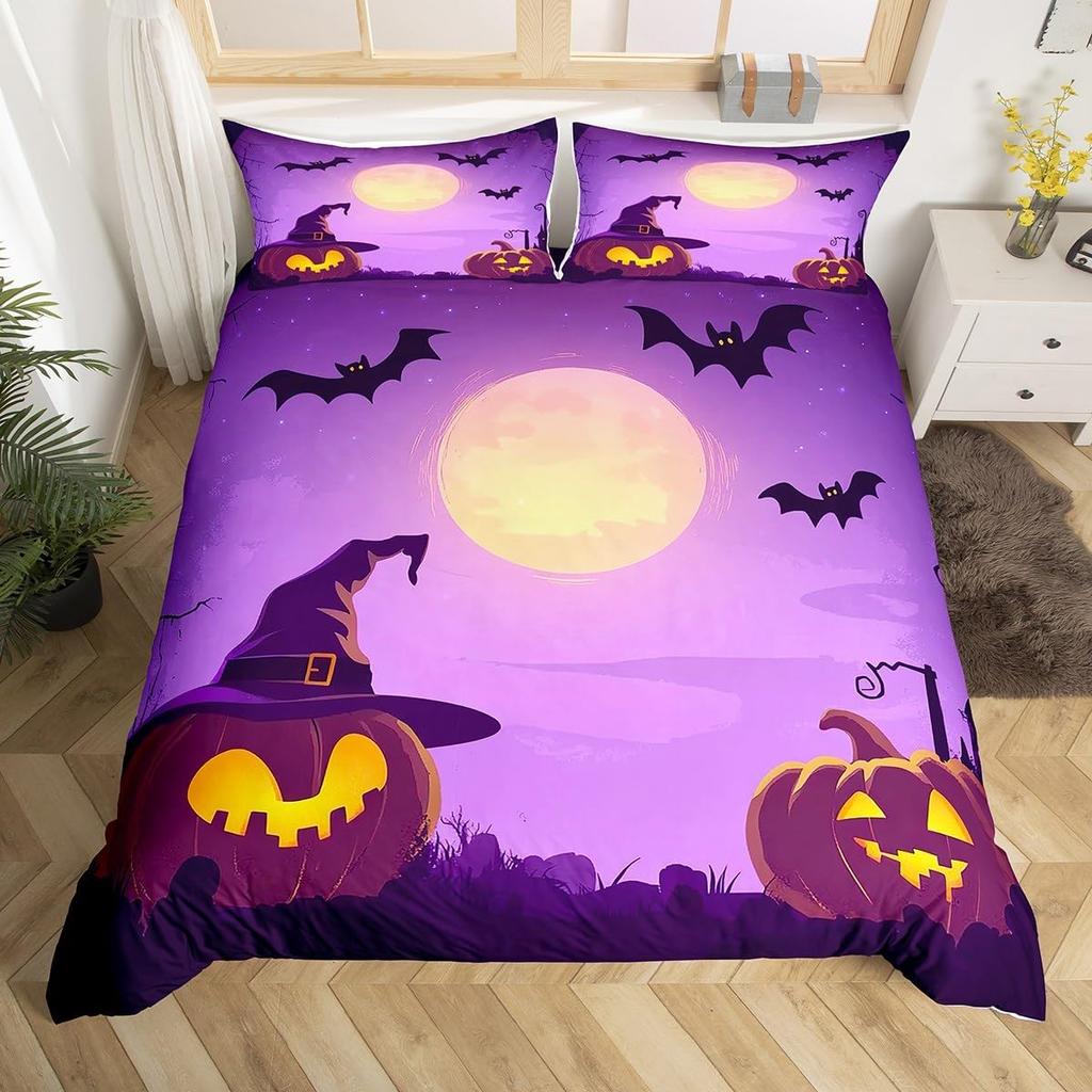 Halloween Bedding Set Full, Pumpkin Lantern Duvet Cover Castle Bat Pattern Comforter Cover, Cartoon Horror Festival Quilt Cover