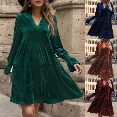 Autumn Women'S V-Neck Long Sleeved Solid Color Velvet Dress For Women