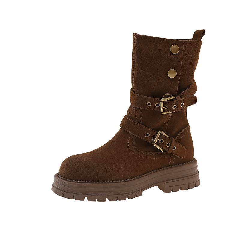 Fashion Studded Metal Buckle Platform Single Boots Women's Autumn New Round Toe Upper Foot Non-Slip Block Heel Short Boots