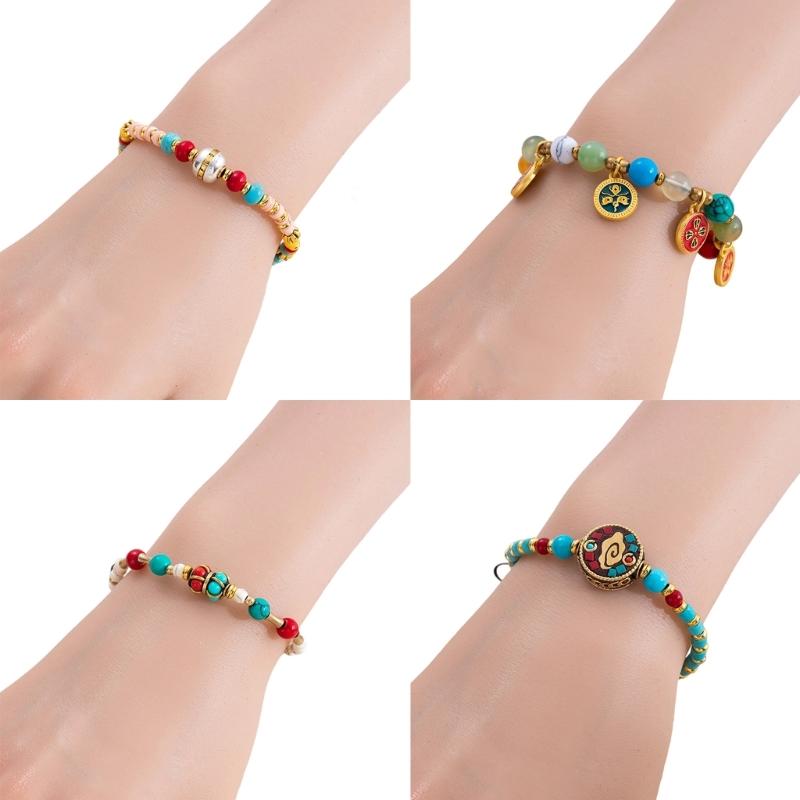 Nepalese Handwoven Tibetan Style Adjustable Bracelet Featuring Alloy Beads And Natural Turquoise Stone For Cultural Fashion Accessories
