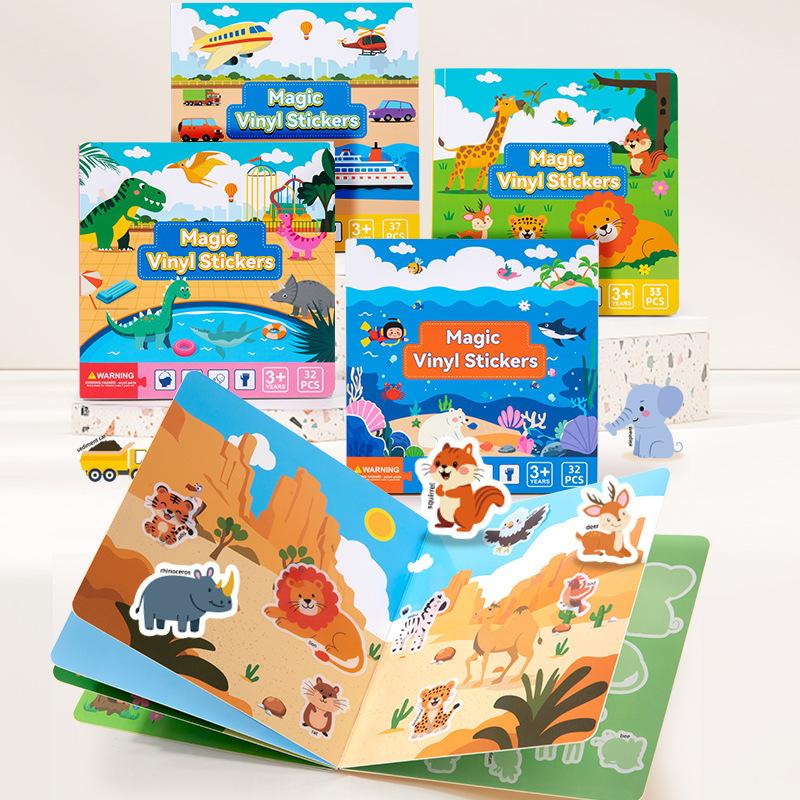 Children'S Early Education Puzzle Magic Static Sticker Animal Traffic Cognition Repeatedly Paste Jelly Book Paper Toy
