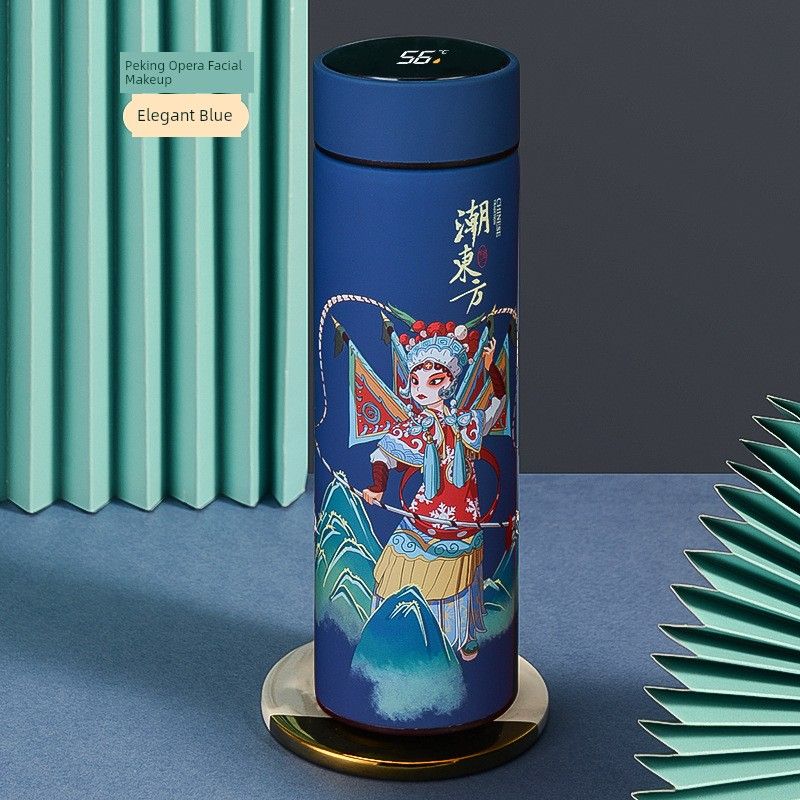 

Creative 304 Stainless Steel Intelligent Temperature Display Cup Vacuum Double-Layer Large-Capacity Insulated Cup Trendy National Style Gift Cup 500ml National Essence Blue Color Box