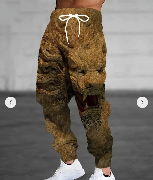 Pantaloni Jogger cu Imprimeu pentru Bărbați cu Design Dragon Chinezesc Alb și Gri, Pantaloni de Trening Casual Streetwear