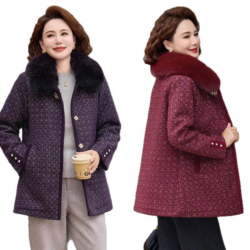 Mom autumn and winter coat medium and long suit noble middle-aged elderly women winter plush woolen coat