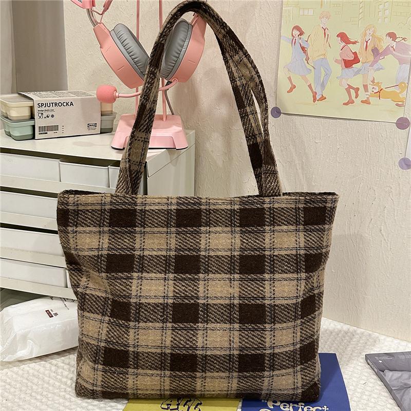 Bear Shoulder Bag Women's Bag Vintage Plaid Tote Bag