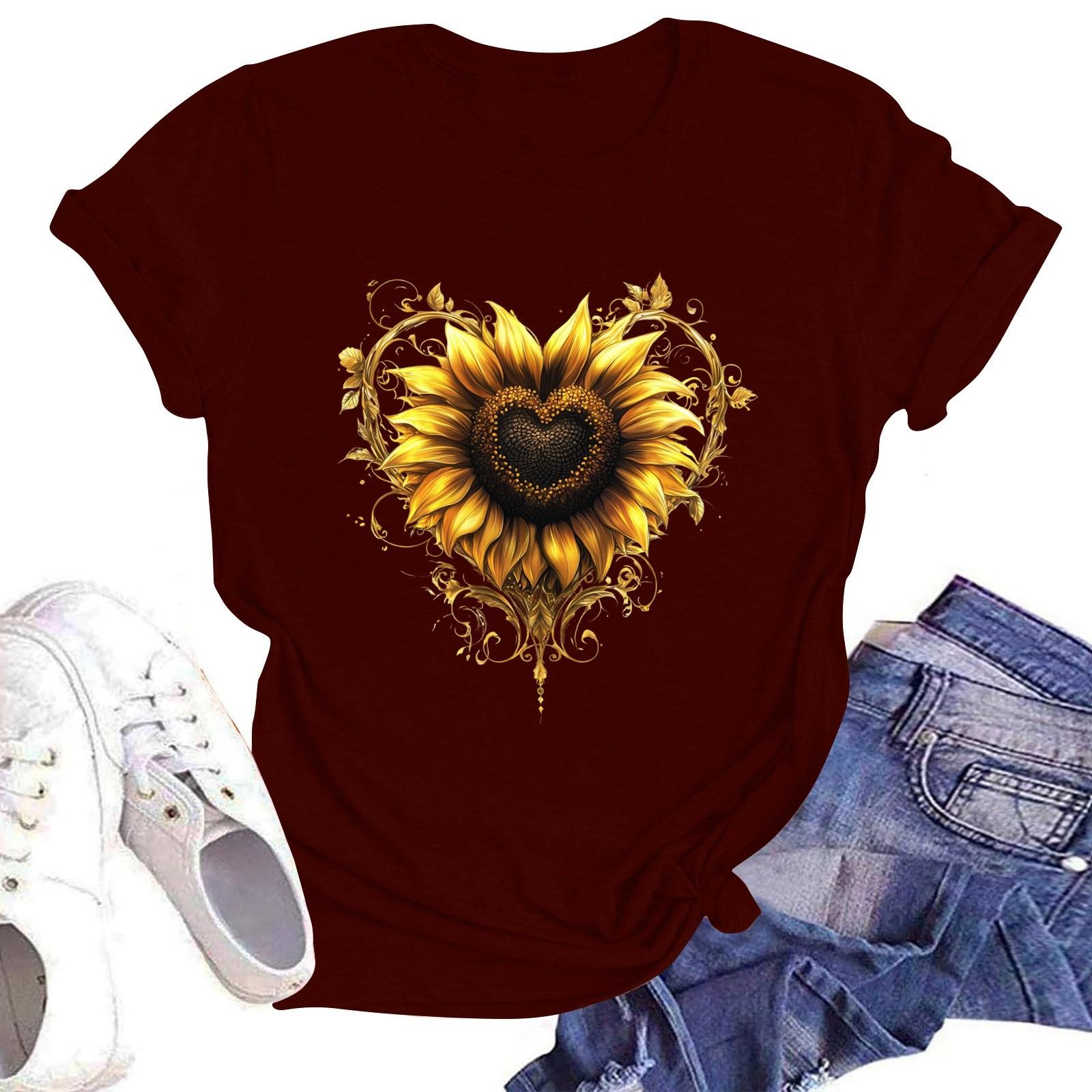 

Женская футболка с коротким рукавом и круглым вырезом, повседневный цветочный принт S винный