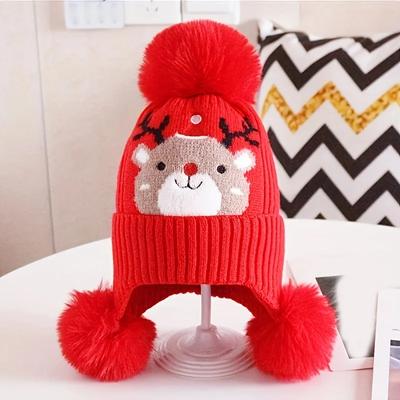 Christmas Elk Themed Youngsters' Beanie Hat – Warm Soft Stretchy Winter Headwear Detachable Ear Flaps & Pom-Pom for Boys & Girls