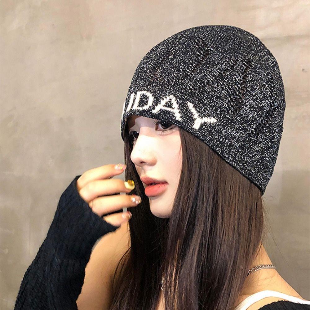 Vintage Letter Beanie Hat Cool Knitted Pullover Hat Fashion Sequin Knitted Hat Streetwear