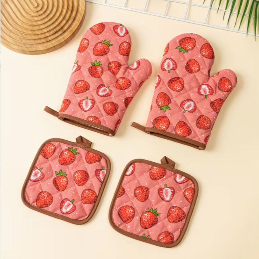 2pcs Heat Resistant Cotton Oven Mitts Thickened Kitchen Microwave Mittens Cooking Tool