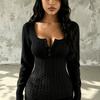 Women's Solid Square Neck Waist-Cinched Long-Sleeve Top - Pure Desire Style