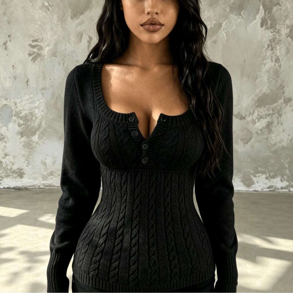 Women's Solid Square Neck Waist-Cinched Long-Sleeve Top - Pure Desire Style