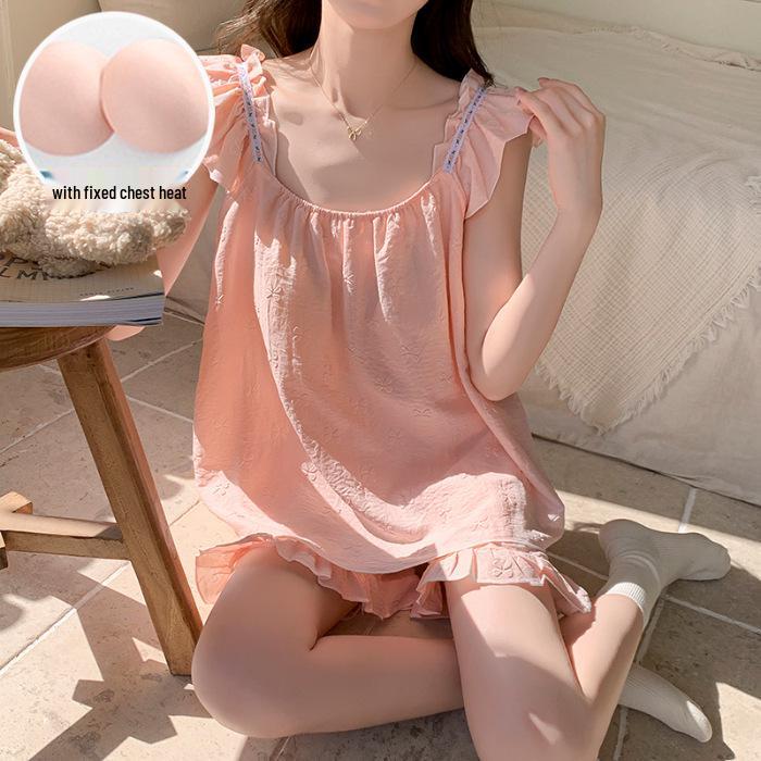 2026 Summer Women's Pajama Set: Princess Style Cloud Cotton Camisole with Built-in Bra