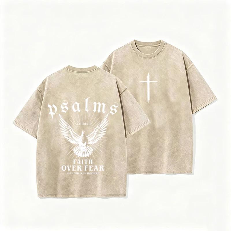 

Retro Faith Over Fear T Shirt Psalms Dove Print Casual Washed Religious Streetwear S