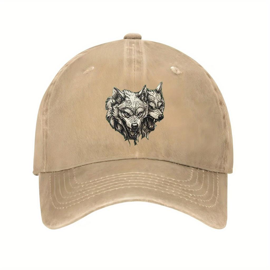 Three Head Wolf Print Baseball Cap Unisex Cotton Adjustable Distressed Style Casual Hat Men Women